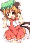  animal_ears bow brown_eyes brown_hair cat_ears cat_tail chen ear_piercing hat jewelry mob_cap multiple_tails nekomata paw_pose piercing pila-pela puffy_short_sleeves puffy_sleeves quest shirt short_sleeves single_earring skirt skirt_set solo tail touhou vest 