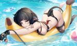  1girl alternate_costume animal_ears ball beachball bikini black_bikini black_gloves black_hair black_thighhighs blue_sky breasts commentary day english_commentary fingerless_gloves gloves green_eyes jane_doe_(zenless_zone_zero) large_breasts long_hair looking_at_viewer median_furrow mouse_ears mouse_girl mouse_tail multicolored_hair nail_polish no_shoes outdoors paid_reward_available parted_lips red_hair red_nails rimuu sideboob sidelocks single_bare_foot single_thighhigh sky smile soles solo swimsuit tail thighhighs thighs top-down_bottom-up torn_clothes torn_thighhighs two-tone_hair zenless_zone_zero 