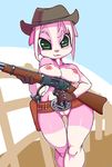  2014 anthro areola breasts caprine erect_nipples female green_eyes gun hat kaitou looking_at_viewer mammal nipples pussy ranged_weapon solo weapon 