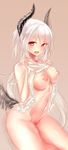  breasts didi_amen dress dress_lift fang grey_background highres horns large_breasts long_hair navel nipples original pussy red_eyes simple_background sketch solo tail white_hair 