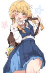 1girl ;d absurdres backpack bag bag_charm blonde_hair blue_overskirt blue_skirt blue_vest blush bow bowtie brown_bag charm_(object) fang feet_out_of_frame fujita_kotone gakuen_idolmaster hand_to_own_mouth hatsuboshi_gakuen_school_uniform highres holding_strap idolmaster long_sleeves looking_at_viewer one_eye_closed plaid_bow plaid_bowtie plaid_clothes pleated_skirt school_uniform shirt simple_background skin_fang skirt skirt_set smile solo star_(symbol) uriumi_sub vest white_background white_shirt yellow_eyes 