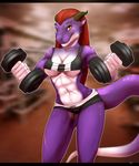  anthro arun_(tokaido) breasts clothed clothing digital_media_(artwork) dragon female hair half-dressed horn looking_at_viewer omesore purple_skin red_hair scar smile solo underwear 