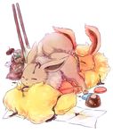  3_toes 69 ambiguous_gender black_nose blush brown_fur candy canine chocolate duo eevee eeveelution eyes_closed facesitting flareon fur mammal nintendo open_mouth oral pawpads paws plain_background pok&eacute;mon red_fur toes tuft unknown_artist video_games white_background yellow_fur 