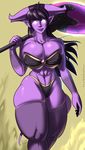  2015 abs big_breasts breasts cleavage clothed clothing draenei female glowing glowing_eyes hair legwear purple_hair sammy-upvotes solo stockings video_games warcraft weapon 