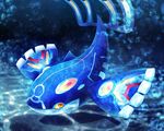  commentary_request dark_background fins from_side kurosiro kyogre legendary_pokemon looking_at_viewer no_humans pokemon pokemon_(game) pokemon_oras primal_kyogre solo submerged tail underwater water 