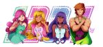  1boy 3girls absurdres artist_logo belt black_belt blonde_hair breasts brown_eyes brown_hair cape closed_mouth cropped_torso dark-skinned_female dark_skin drake_(princess_gwenevere_and_the_jewel_riders) dress earrings fallon_(princess_gwenevere_and_the_jewel_riders) green_cape green_dress green_eyes green_hair grey_eyes grin gwenevere_(princess_gwenevere_and_the_jewel_riders) halftone heart heart_earrings highres idoraad jewelry lipstick long_hair looking_at_viewer makeup multiple_girls muscular muscular_male one_eye_closed pink_dress pink_hair pink_lips princess_gwenevere_and_the_jewel_riders purple_belt purple_hair short_hair simple_background sleeveless sleeveless_dress smile tamara_(princess_gwenevere_and_the_jewel_riders) teeth v white_background 