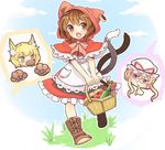  animal_costume animal_ears apple apron basket bespectacled blonde_hair blue_sky boots bottle bow bread brown_eyes brown_hair cat_ears chen cloud cosplay cross-laced_footwear day dress fang food fox_ears fruit glasses gloves grass hat hat_ribbon hood ibaraki_natou jewelry little_red_riding_hood little_red_riding_hood_(grimm) little_red_riding_hood_(grimm)_(cosplay) mob_cap multiple_girls multiple_tails open_mouth paw_gloves paws pince-nez purple_hair red_dress ribbon single_earring sky smile tail touhou wine_bottle wolf_costume yakumo_ran yakumo_yukari yellow_eyes 