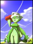  2014 anthro beach breasts clothed clothing cloud eyewear female flower green_skin latiar looking_up navel nintendo open_mouth plant pok&eacute;mon pok&eacute;morph red_eyes roserade seaside sky smile solo sun sunglasses tongue video_games water 