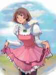  1girl artist_name black_pantyhose breasts brown_hair cloud commentary_request dress grey_eyes gundam head_tilt highres juliet_sleeves leaning_forward long_sleeves medium_breasts moroboshi_danshaku pantyhose parted_lips pink_dress puffy_sleeves revision short_hair skirt_hold sky smile sochie_heim solo turn_a_gundam 