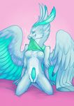  avian blue_eyes breasts dickgirl dragon erection feathered_crest feathered_wings feathers intersex jetzalcoatl non-mammal_breasts penis presenting purple_background solo wings 
