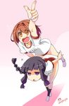  :d alternate_costume bent_over black_eyes black_hair blush_stickers braid brown_eyes brown_hair buruma gym_uniform hairband highres imu_sanjo kantai_collection kitakami_(kantai_collection) long_hair multiple_girls open_mouth pointing pointing_up red_hairband riding shiratsuyu_(kantai_collection) short_hair single_braid smile translated triangle_mouth v-shaped_eyebrows 