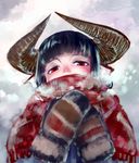  black_hair breath horned_girl_(jaco) horns jaco mittens original red_eyes scarf solo upper_body winter 