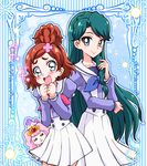  aqua_eyes aqua_hair aroma_(go!_princess_precure) blue_eyes blush braid copyright_name crown_braid flower go!_princess_precure hair_flower hair_ornament haruno_haruka heart kaidou_minami long_hair long_sleeves multiple_girls nanjou_akimasa noble_academy_school_uniform open_mouth precure puff_(go!_princess_precure) red_hair school_uniform side_braid smile sparkle topknot 