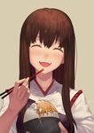  akagi_(kantai_collection) blush bowl brown_hair chopsticks closed_eyes food food_on_face highres holding kantai_collection long_hair looking_at_viewer nanaya_(daaijianglin) open_mouth profile rice rice_bowl rice_on_face smile solo teeth 