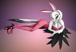  abstract_background animal_ears anthro avian bird clothing corrvo feather_6 female lagomorph looking_at_viewer lying mammal rabbit rabbit_ears simple_background sitting 