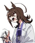  1girl ahoge animal_ears annoyed bow bowtie brown_hair coat collared_coat earrings frown highres horse_ears horse_girl huge_ahoge jewelry lab_coat long_hair long_sleeves open_clothes open_coat open_mouth pen_spinning purple_sailor_collar purple_shirt red_eyes sailor_collar school_uniform shirt sidelocks simple_background single_earring solo tracen_school_uniform uma2_0429 umamusume white_background white_bow white_bowtie white_coat wolf_cut yopparai_oni 