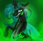  2015 changeling fangs female friendship_is_magic glowing green_eyes green_hair green_theme hair holes horn my_little_pony queen_chrysalis_(mlp) sevenada sharp_teeth slit_pupils solo teeth wings 