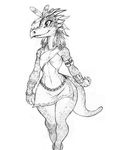  black_and_white bracelet chochi clothed clothing feathers female flat_chested horn jewelry kobold monochrome scalie skimpy smile solo tribal wide_hips 