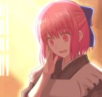  1girl blue_bow bow commentary_request highres indoors kohaku_(tsukihime) looking_down maid masatoshi_ikeda_(uug28aiuopy2six) open_mouth raised_eyebrows red_eyes red_hair solo sunlight surprised tsukihime 