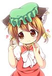  :3 alternate_hairstyle animal_ears bow brown_eyes brown_hair cat_ears chen ear_piercing hat jewelry mob_cap piercing pila-pela puffy_short_sleeves puffy_sleeves quest shirt short_sleeves single_earring skirt skirt_set solo touhou twintails vest 