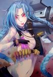  bikini_top blue_hair braid bullet bullets gloves hairline highres jinx_(league_of_legends) league_of_legends long_hair mst1ng pink_eyes tattoo tongue twin_braids twintails weapon 