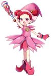  boots double_bun full_body gloves hair_ornament harukaze_doremi hat highres looking_at_viewer magical_girl musical_note ojamajo_doremi open_mouth pink_eyes pink_footwear pink_gloves pink_hat red_hair solo songmil transparent_background 
