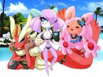  alternate_color anthro avian ball beach bikini bird blaziken blue_eyes breasts chicken cleavage clothed clothing cloud eyelashes eyeliner eyes_closed female goth hair kirlia lemoco lemoco99 mega_blaziken mega_evolution navel nintendo open_mouth outside panties pok&eacute;mon purple_hair reuniclus seaside sky swimsuit tree underwear video_games water yellow_sclera 