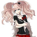  :p animal_hair_ornament artist_name be_(130896) bear_hair_ornament blue_eyes bow breasts choker cleavage crossed_arms danganronpa danganronpa_1 enoshima_junko hair_ornament long_hair medium_breasts nail_polish necktie pink_hair pleated_skirt red_skirt skirt sleeves_rolled_up solo spoilers tongue tongue_out twintails 