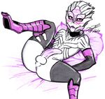  alien anus balls black_sclera blush butt elbow_gloves fingerless_gloves girly gloves inviting leg_grab legwear looking_at_viewer lying male mass_effect on_back parasitedeath penis pillow pink_eyes raised_leg smile solo spread_legs spreading thigh_highs turian video_games 