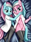  &lt;3 aloe_(mlp) anthro bed bedroom_eyes blue_eyes blue_fur blue_hair breasts burgerkiss clitoris clothing duo equine female friendship_is_magic fur hair headband horse legwear long_hair looking_at_viewer lotus_(mlp) lying mammal my_little_pony navel on_back pink_fur pink_hair pony pussy smile stockings 