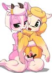  2014 anthro caprine duo female green_eyes hair horn kaitou lesbian mammal one_eye_closed open_mouth plain_background pussy sheep spread_pussy spreading tongue white_background 