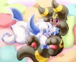 3_toes absol all_fours ambiguous_gender black_fur blue_fur blush cute duo eeveelution eyes_closed feral fur hi_res hindpaw nintendo open_mouth pawpads paws pillow pok&eacute;mon purple_eyes teeth toes umbreon unknown_artist video_games white_fur 
