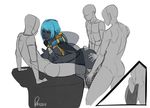  anthro black_skin blue_hair breasts cofagrigus egyptian female ghost group group_sex hair legwear male nintendo nipples penis plain_background pok&eacute;mon rayzoir red_eyes sex short_hair sketch smile spirit stockings titfuck video_games 