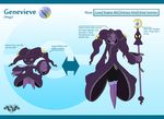  2014 anthro banette black_sclera breasts clothed clothing duo english_text fan_character female feral genevieve hair latiar looking_at_viewer mega_banette mega_evolution model_sheet nintendo pok&eacute;ball pok&eacute;mon pok&eacute;morph polearm purple_hair purple_skin smile text video_games weapon 