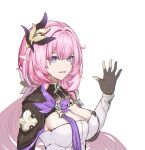  1girl absurdres black_gloves blue_eyes breasts cleavage corset elf elysia_(honkai_impact) elysia_(miss_pink_elf)_(honkai_impact) from_side gloves hair_between_eyes hair_ornament highres honkai_(series) honkai_impact_3rd kabuto_tong large_breasts long_hair looking_at_viewer parted_lips partially_fingerless_gloves pink_hair pointy_ears simple_background solo waving_hands white_background white_corset 