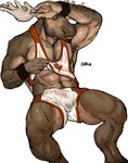  5_fingers anthro armpits blush body_hair canada cervine chest_hair clothing equine_legs eyes_closed facial_hair gym_shorts happy_trail male mammal moose muscles penis raising_shirt shirt shorts skaffold solo sweat tank_top wet_clothing wristband 
