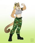  abs anthro belt blonde_hair boots breasts camo clothing cougar dog_tags elvira_(dhalo) feline female flexing fur gradient_background green_eyes grin hair hair_band mammal military muscles muscular_female pants pinup pose smirk solo sports_bra vallhund 
