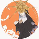  1boy animal_print bat_print cropped_legs cross cross_necklace crossdressing dark_souls_(series) dark_souls_i dark_sun_gwyndolin gold_headwear grey_hair jewelry long_sleeves necklace nun orange_background own_hands_together pumpkin_print short_hair solo susukeya teeth upper_body white_background 