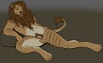  2015 anthro balls brown_fur eyes_closed feline fur half-erect lion male mammal nude penis pig_(artist) resting solo stripes white_fur 