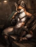  2015 abs anthro box canine clothed clothing crate cross digitigrade fox fur gun half-dressed looking_at_viewer male mammal navel necklace nipples orange_fur pads pawpads paws ranged_weapon rhyu shorts sixpack solo topless warehouse weapon yellow_eyes 