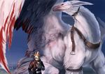  anthro canine clothed clothing detailed_background dragon duo feathered_dragon feathered_wings feathers feral fluffy fox male mammal mount osaki_eru outside red_eyes red_feathers size_difference sky standing white_feathers wings 