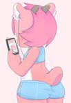  anthro berseepon09 butt clothed clothing dragon female hair headphones horn loli_dragon_(character) mammal phone pink_hair pink_skin plain_background scalie shorts solo sports_bra standing 