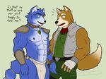 abs anthro armor belt biceps big_muscles blue_fur blue_hair blue_nipples brown_fur bulge canine clothed clothing crossgender crotch_grab dialogue duo fangs fox fox_mccloud fur gay gloves grope hair half-dressed headingsouth jacket krystal loincloth male mammal muscles necklace nintendo nipples open_mouth open_shirt pads pants pecs pose shirt smile standing star_fox teeth toned topless vest video_games watermark white_fur 