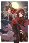  2girls animal_ears black_footwear black_shorts blue_eyes blue_pants blush brown_eyes brown_gloves brown_hair brown_pantyhose brown_thighhighs brown_vest capelet claws closed_mouth cloud cobalt_scar_(e.g.o) collared_shirt crimson_scar_(e.g.o) e.g.o_(project_moon) fang full_body full_moon gloves gun hairband halloween highres hod_(project_moon) holding holding_gun holding_scythe holding_weapon hood hooded_capelet library_of_ruina long_hair looking_at_viewer malkuth_(project_moon) moon multiple_girls necktie open_mouth pants pantyhose project_moon red_capelet red_hairband red_necktie scythe shirt shoes short_hair shorts sidelocks single_leg_pantyhose single_thighhigh smile standing standing_on_one_leg tail thighhighs very_long_hair vest weapon white_shirt wolf_ears wolf_tail york0pm 