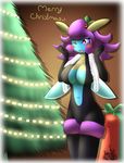  2013 anthro big_breasts black_skin blue_skin blush breasts christmas female gift hair holidays illumise latiar light mistletoe navel nintendo nude one_eye_closed plant pok&eacute;mon pok&eacute;morph purple_hair solo tongue tongue_out tree video_games wings wink yellow_skin 