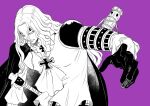  1boy armor basil_hawkins cape closed_mouth cross facial_mark gloves highres long_hair long_sleeves matsurika_0707 monochrome one_piece pauldrons purple_background shoulder_armor single_pauldron solo v-shaped_eyebrows weapon 
