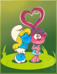 blonde_hair blue_body blue_skin blush clothed clothing digital_media_(artwork) dreamworks duo eyes_closed female female/female feral hair hat headgear headwear heart_symbol hi_res humanoid kissing kissing_cheek phrygian_cap pink_body pink_hair pink_skin poppy_(trolls) simple_background smurf smurfette tail the_smurfs toongrowner troll_(mythology) trolls_(dreamworks)