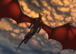  anthro black_scales blonde_hair blue_eyes clothing cloud drago_(dhalo) dragon flying hair large_wings male muscles red_scales scalie shorts sky solo storm_dragon vallhund wings 