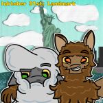 anthro city cloud duo female firon_(nopov) fur grin hand_on_shoulder hi_res inktober male male/female mammal new_york_city raila_(nopov) relyt2442 sea selfie simple_background smile statue_of_liberty text the_nature_of_predators toony venlil_(the_nature_of_predators) water wool_(fur)