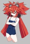  1girl acaa animal_ears blue_one-piece_swimsuit bright_pupils commentary_request competition_school_swimsuit covered_navel cropped_legs crossed_arms expressionless eyepatch grey_background hair_between_eyes highres koleda_belobog long_hair looking_at_viewer one-piece_swimsuit red_eyes red_hair school_swimsuit simple_background sketch solo standing swimsuit thighs v-shaped_eyebrows white_pupils zenless_zone_zero 